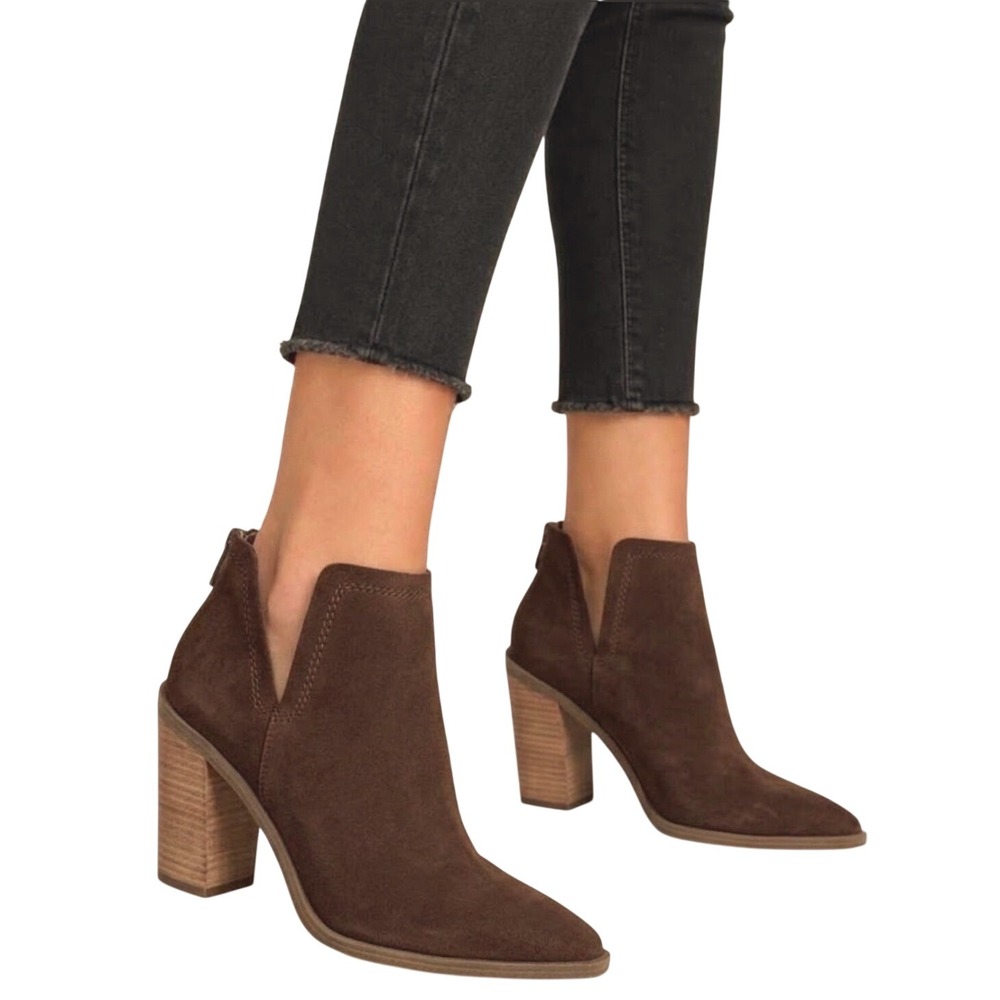 Vince Camuto Welland Brown Suede Pointed Toe Block Heel Ankle Boots Size 9.5 M